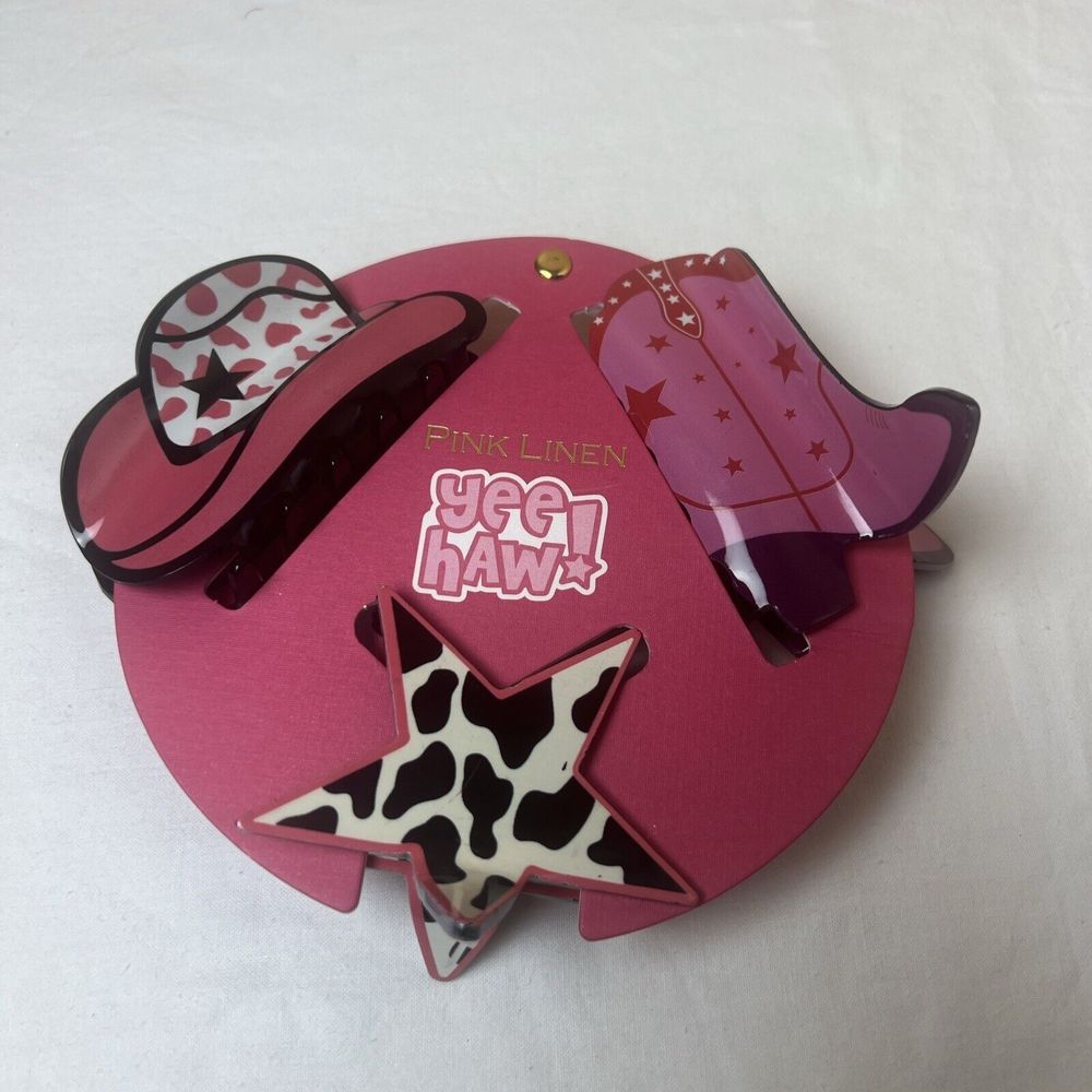 NWT SET 3 PINK LINEN YEE HAW! HAIR CLIPS COWBOY HAT-STAR-HAT